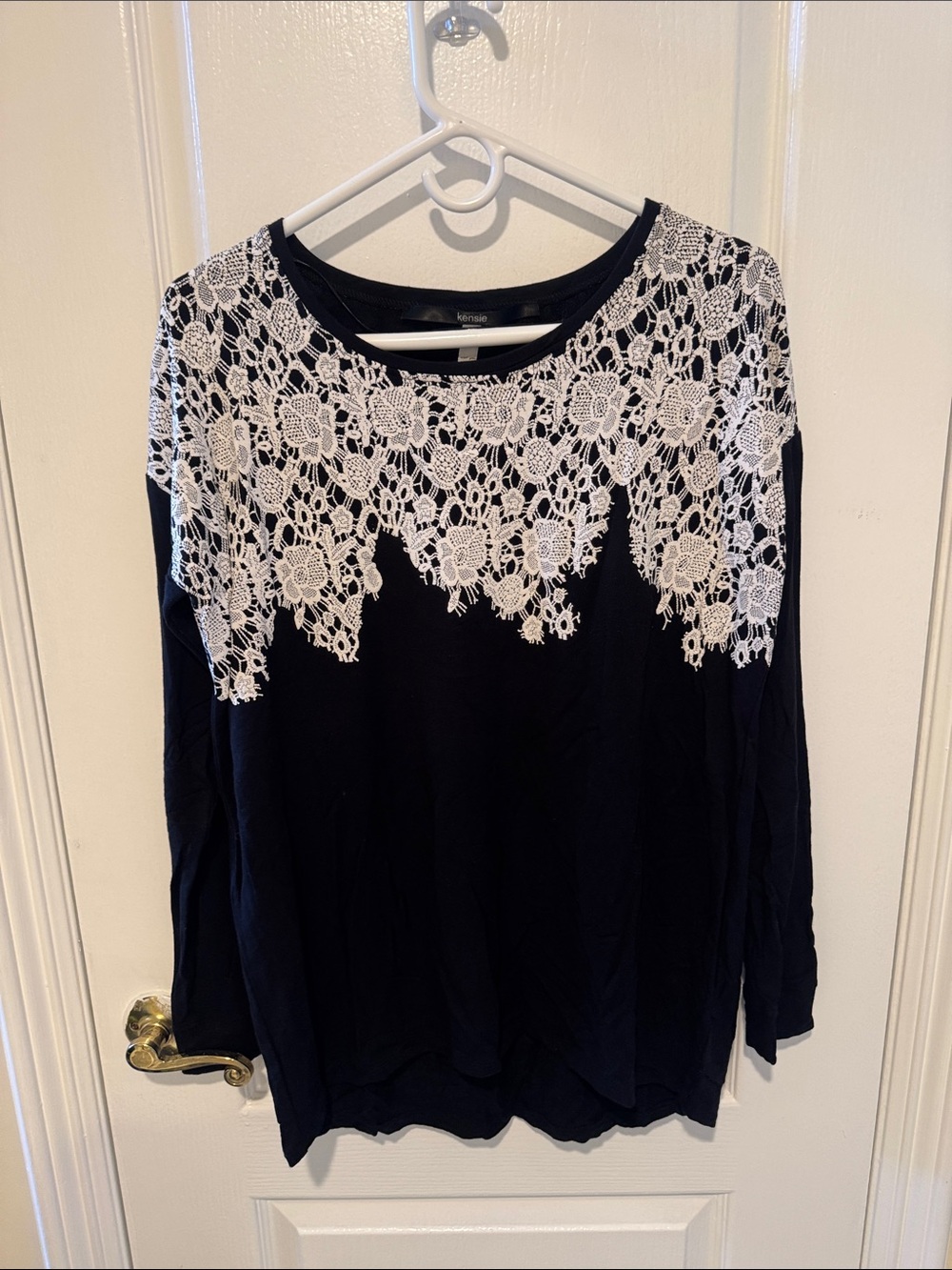 Kensie Black Long Sleeve Top with White Lace Yoke